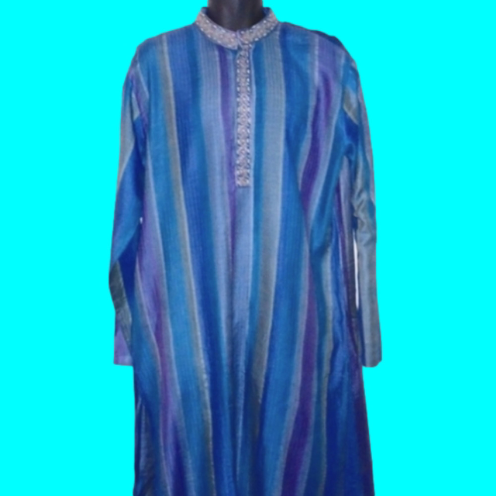 REGAL Blue, Purple and Gold Striped Kurta, 44 - Picture 2 of 8